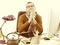 Happy contemplating casual entrepreneur zen praying at desk, retro effects