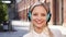 Happy cool beautiful woman with perfect skin face wearing headphones dancing.