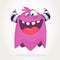 Happy cool cartoon fat flying monster. Purple and horned vector monster character.