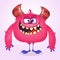 Happy cool cartoon fat monster. Pink and horned vector monster mascot.