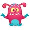 Happy cool cartoon fat monster. Pink and horned vector monster mascot outlined.