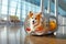 Happy Corgi calmly seated in dog carrier at airport. Vacation travel anticipation. Sunny day, bustling terminal, air transport of