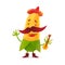 Happy corn character in boots and Mexican holding guitar