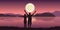 Happy couple with arms raised enjoy the full moon and mountain landscape by the lake