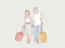 Happy couple carry suitcase being ready to go holidays simple korean style illustration