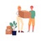 Happy couple carrying cardboard box - cartoon man and woman moving house