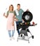 Happy couple cooking on  grill, white background