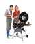 Happy couple cooking on  grill, white background