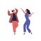 Happy couple dancing together having fun raising hands vector flat illustration. Smiling stylish man and woman dancer