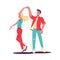 Happy couple dancing together vector flat illustration. Smiling stylish man and woman dancer rejoicing have positive