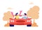 Happy Couple Driving Red Cabriolet Car on Nature Landscape Background. Young Man and Woman Traveling on Convertible Machine