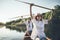 Happy couple enjoy canoe ride on the lake