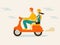 A happy couple guy and girl riding a scooter moped. Flat vector illustration for dating app or travel adventure website.