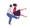 Happy couple jumping dancing together holding hands vector flat illustration. Man and woman performing lindy hop dance