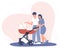 Happy couple looking in a stroller with a newborn