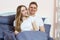 Happy couple in love on morning bed, Young loving couple in the bed, Young couple having having romantic times in bedroom