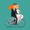 Happy couple or newlyweds. Bride and groom ride bicycle. Wedding, vector illustration