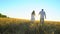 Happy couple outdoors having fun, walking on wheat field at sunset nature. romantic happy family in Love. Young man and