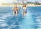 Happy couple Parasailing on Beach in summer. two people under parachute hanging in air above sea surface