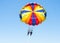 Happy couple Parasailing in Dominicana beach in summer. Couple under parachute hanging mid air. Having fun. Tropical Paradise. Pos