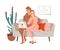 Happy Couple Resting on Sofa in Living Room Watching Movie on Laptop Vector Illustration