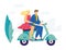 Happy Couple Riding Scooter. Smiling Male and Female Characters Driving Motorbike. Urban Transportation Concept
