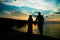 Happy couple silhouette by the Greek sea on the shore background