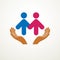 Happy couple simple vector logo or icon created with people geometric signs in a shape of arrows and care hands. Tender and loving