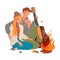 Happy Couple Sitting at Campfire with Guitar Embracing and Looking at Burning Fire Vector Illustration