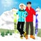Happy couple skiers standing on edge of mountain peaks