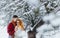 Happy Couple Smiling Hugging Holding Hands Sensitive Portrait Winter Snowfall Snow Beautiful Love Forest.