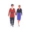 Happy couple on stroll flat vector illustration. Young man and woman walk holding hands cartoon characters. Romantic