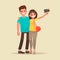 Happy couple are take selfie. Man and woman are photographed together. Vector illustration