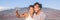 Happy couple tourists smiling taking photo with phone. Mobile smartphone selfie picture of lovers on adventure holiday