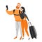Happy couple travel together. Couple makes selfie.