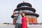 Happy couple travelers taking selfie picture together at temple of heaven during china summer travel. Young multiracial