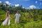 Happy couple traveling at Bali, rice terraces of Tegalalang, Ubud