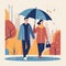 Happy couple walking in rain with umbrella flat illustration. Romance, relationship, autumn concept. Generative ai