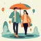 Happy couple walking in rain with umbrella flat illustration. Romance, relationship, autumn concept. Generative ai