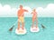 Happy couple of young people swim on stand up paddle board. A man and a woman hold oars in their hands