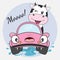 Happy cow girl driving pink car. Greeting card.