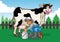 Happy cow illustration while the farmer milking