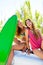 Happy crazy teen surfer girls smiling on car