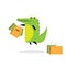 Happy crocodile carries Shopping Packages. Cartoon funny crocodile happy after successful shoping. African animal with