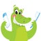 Happy crocodile holding toothbrush and toothpaste