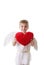 Happy cupid boy with wings holding red plush heart