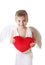 Happy cupid boy with wings holding red plush heart