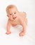 Happy cute baby looking up on white background