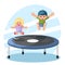 Happy cute boy girl children jump on trampoline flat design vector illustration