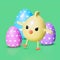 Happy cute cartoon baby chick among colorful painted easter eggs 3d render. Cheerful spring Easter illustration with